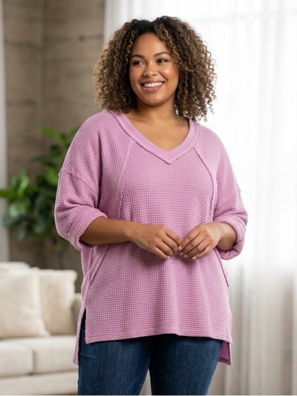 Umgee Lavender Pink Waffle Knit V-Neck Tunic